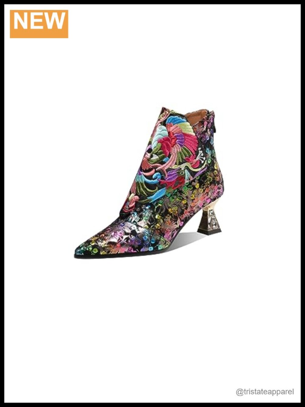 Embroidered Suede Leather Ankle Boots Mid Heel Pointed Toe